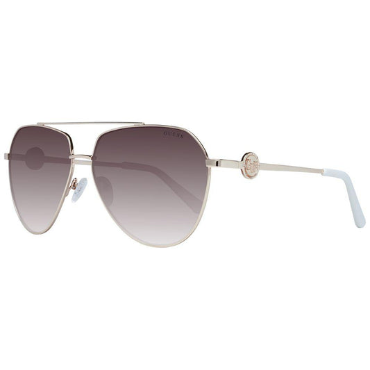 Guess gold aviator sunglasses for women with brown gradient lenses, metal frame, full-rim style, 100% UVA/UVB protection.