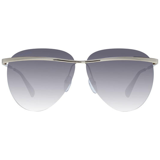 Max & Co gold aviator sunglasses with grey gradient lenses, metal frame, rimless design, UV protection, and branded case included.