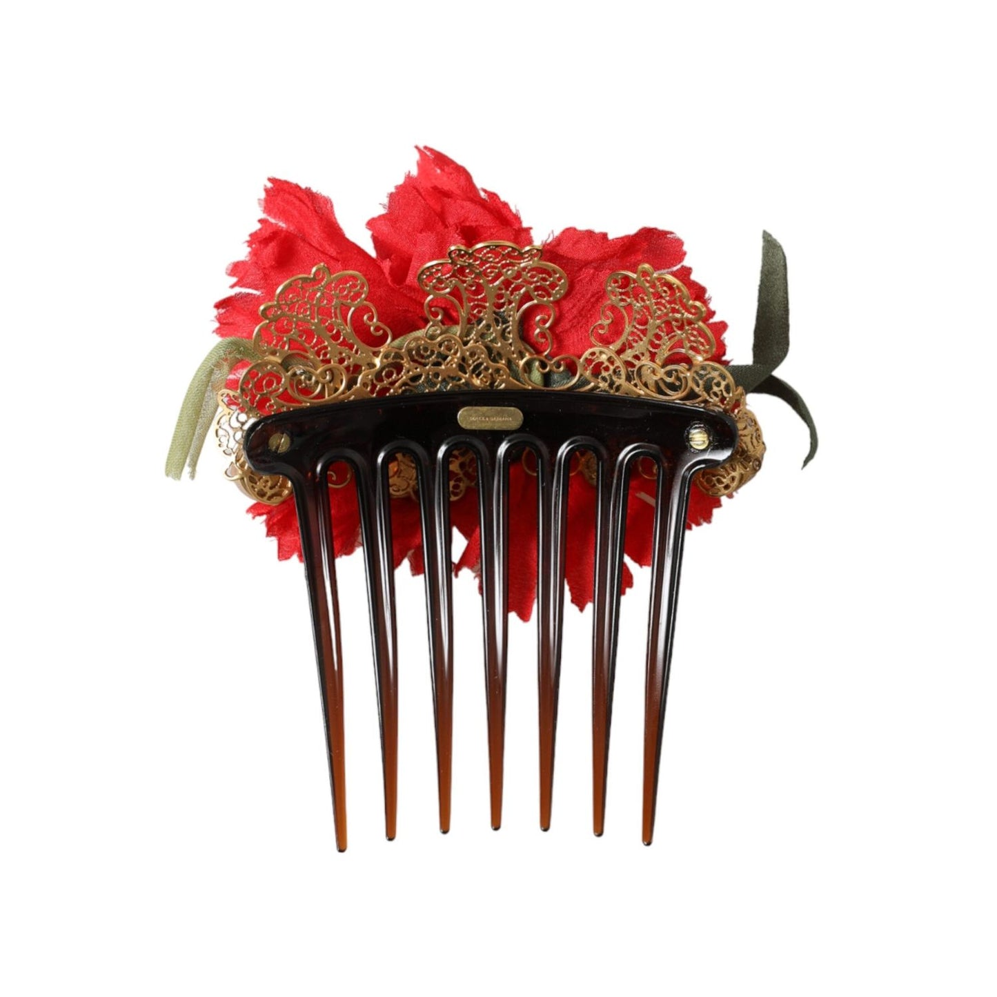 Dolce & Gabbana Red Silk Floral Gold Brass Women Hair Comb