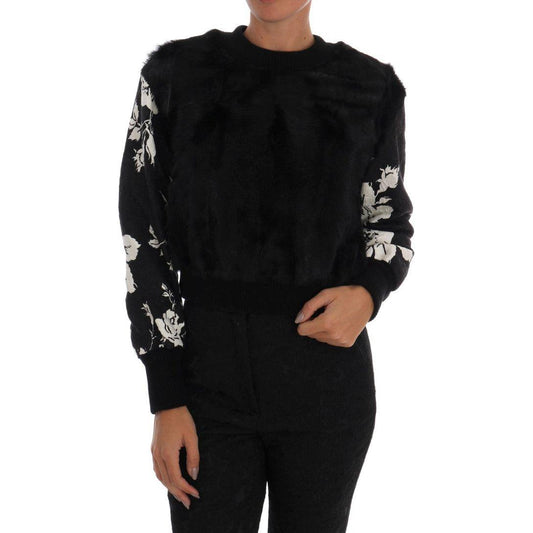 Dolce & Gabbana Black Fur Floral Brocade Zipper Sweater