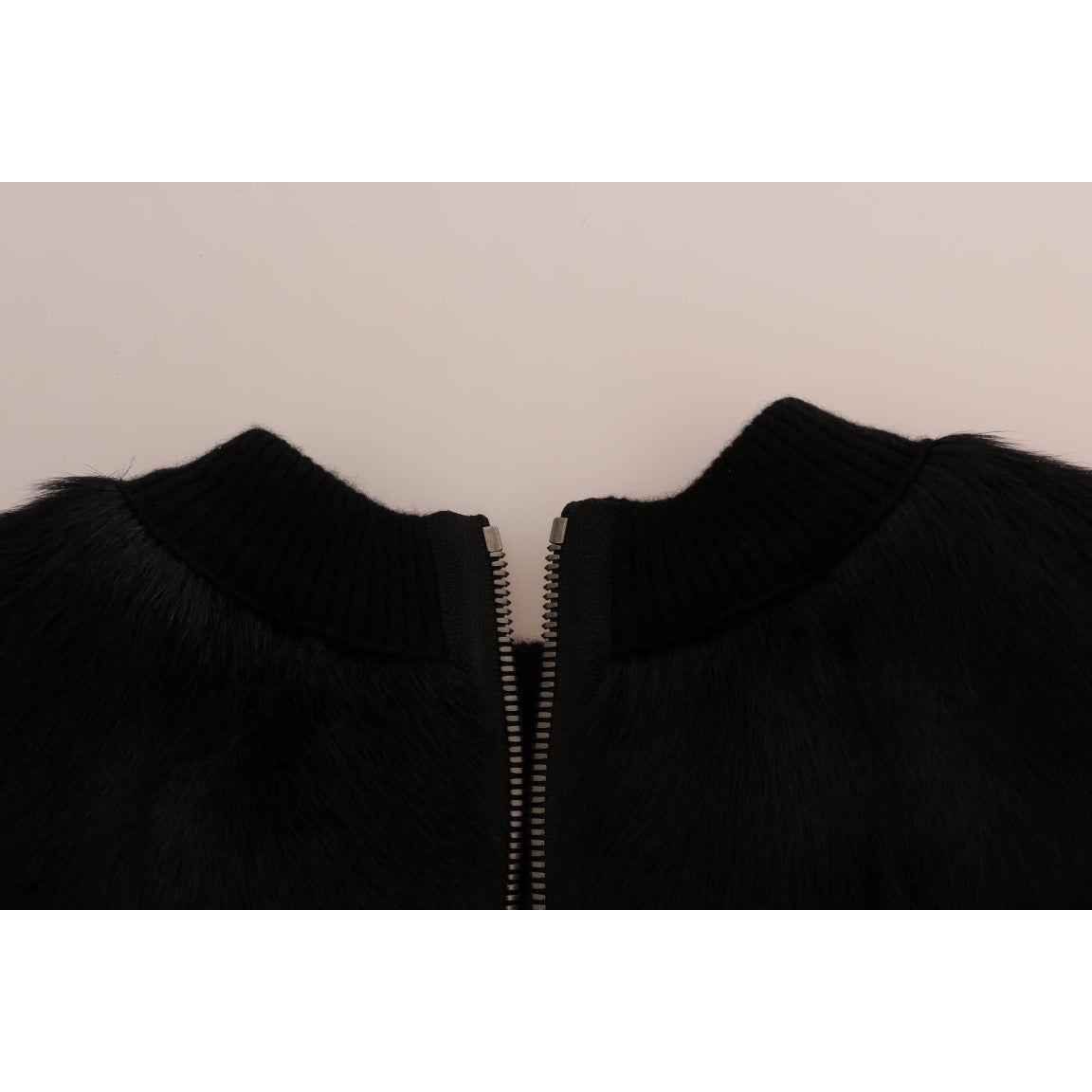 Dolce & Gabbana Black Fur Floral Brocade Zipper Sweater