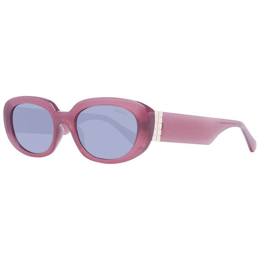 Guess purple full-rim women's sunglasses with blue lenses, oval style, plastic frame, 100% UVA & UVB protection, includes branded case.