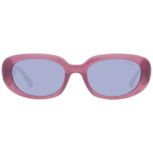 Guess purple women's sunglasses with blue lenses, full-rim oval plastic frame, size 54-20-140, offering 100% UVA & UVB protection.