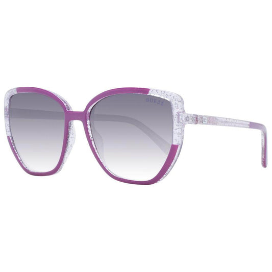 Guess Purple Women Sunglasses with cat eye design, full-rim plastic frame in purple, gradient grey lenses, includes branded case.