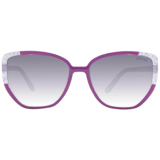 Guess purple cat eye women's sunglasses with full-rim plastic frame and gradient grey lenses, UVA & UVB protection, includes branded case.