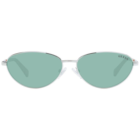 Guess unisex silver sunglasses with green lenses, metal full-rim oval frame, 100% UVA UVB protection, includes branded case.