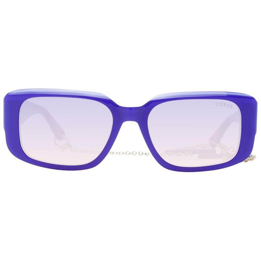 Guess purple women's sunglasses with full-rim plastic frame, gradient lenses, rectangle style, 100% UVA & UVB protection, includes branded case.