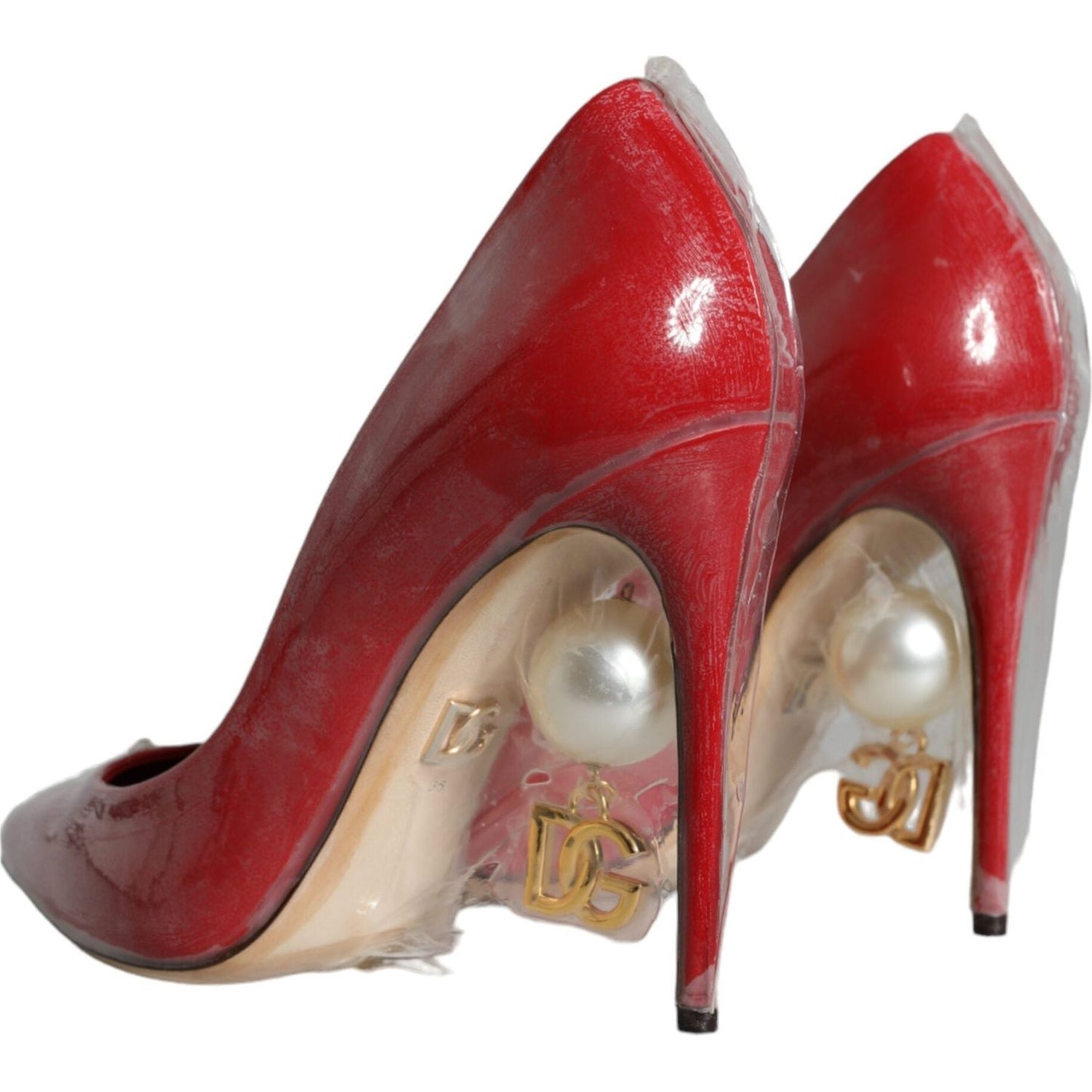 Dolce & Gabbana Red Patent Leather Faux Pearl Heels Pumps Shoes LA11283-36