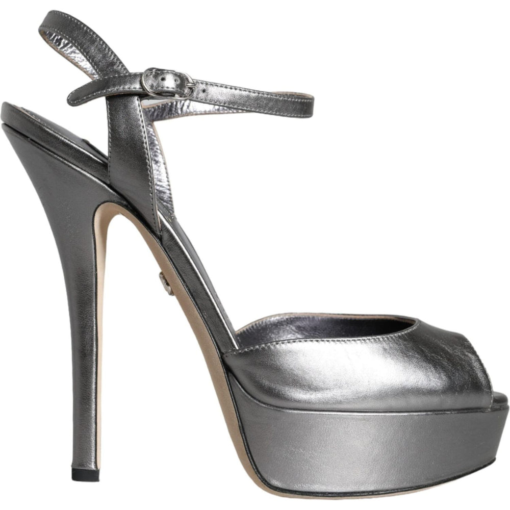 Dolce & Gabbana Metallic Silver Leather Keira Platform Sandals Shoes LA11328-38