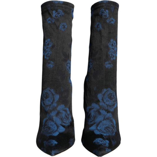 Dolce & Gabbana Black Floral Stretch Mid Calf Boots Shoes LA11519-38