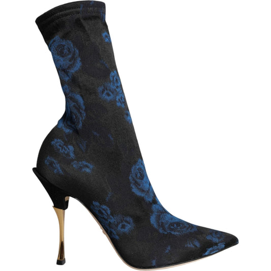 Dolce & Gabbana Black Floral Stretch Mid Calf Boots Shoes LA11519-38