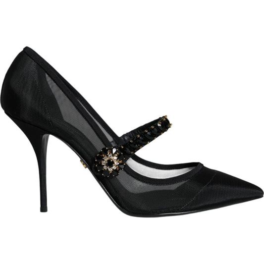 Dolce & Gabbana Black Mesh Mary Jane Crystal Heel Pumps Shoes LA11518-39