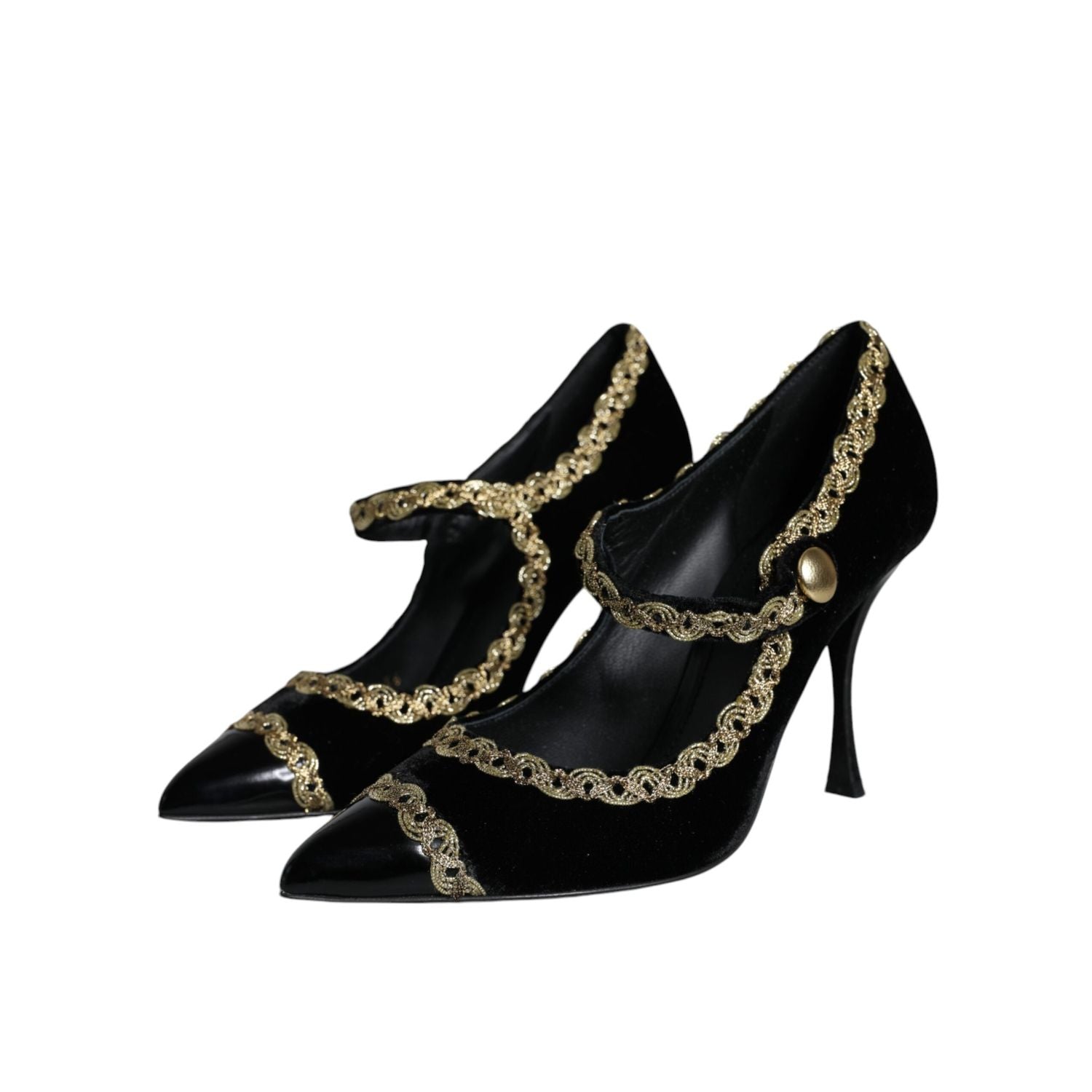 Dolce & Gabbana Black Mary Janes Velvet Gold Pumps Shoes