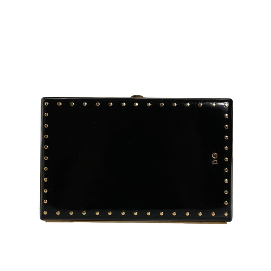Dolce & Gabbana Black Leather Studs Gold Frame Clutch Evening Purse Bag BAG1531