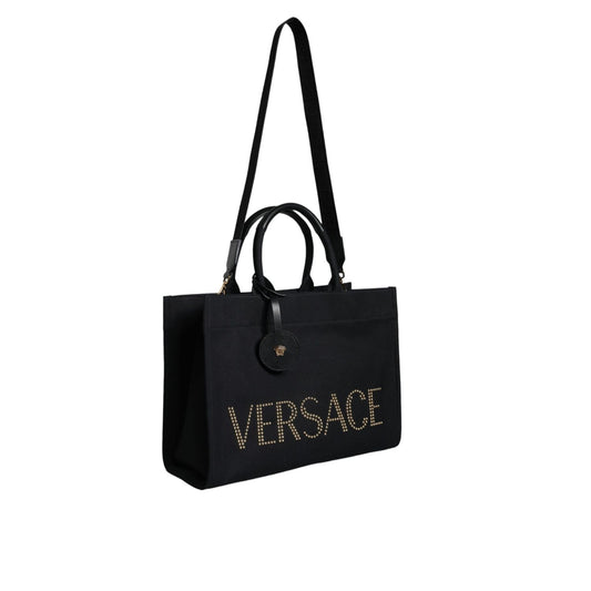 Versace Black Top Handle Canvas Leather Logo Crossbody Tote Bag BAG1589