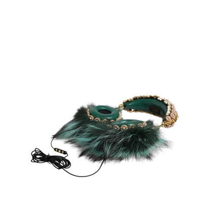 Dolce & Gabbana Green Gold Crystal Fur Headset Audio AUX Headphones