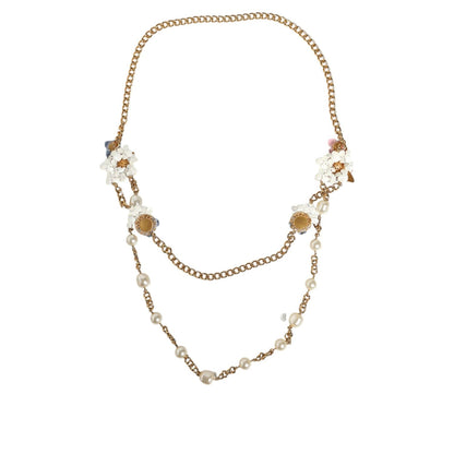 Dolce & Gabbana Gold Chain Brass Floral Layered Crystal Pearl Necklace Necklace