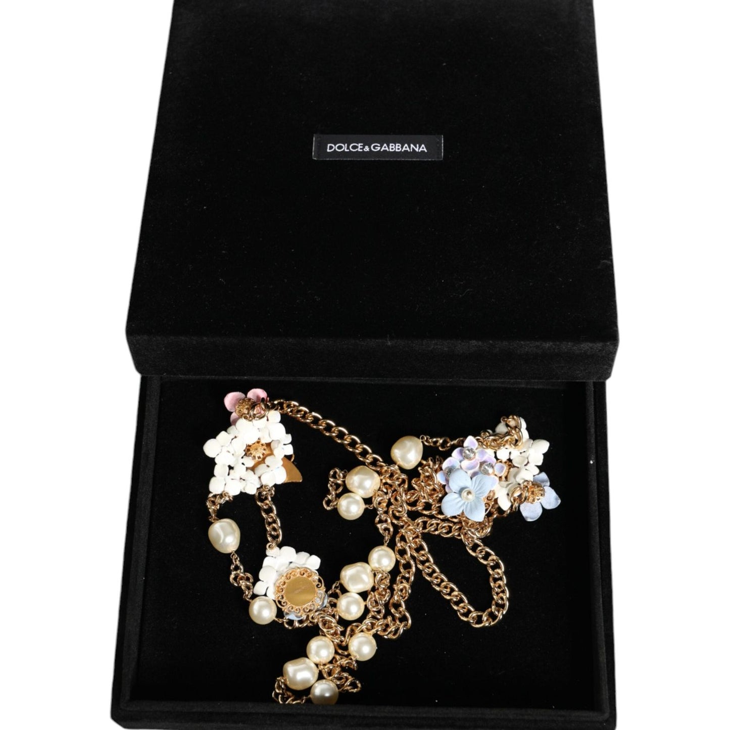 Dolce & Gabbana Gold Chain Brass Floral Layered Crystal Pearl Necklace Necklace