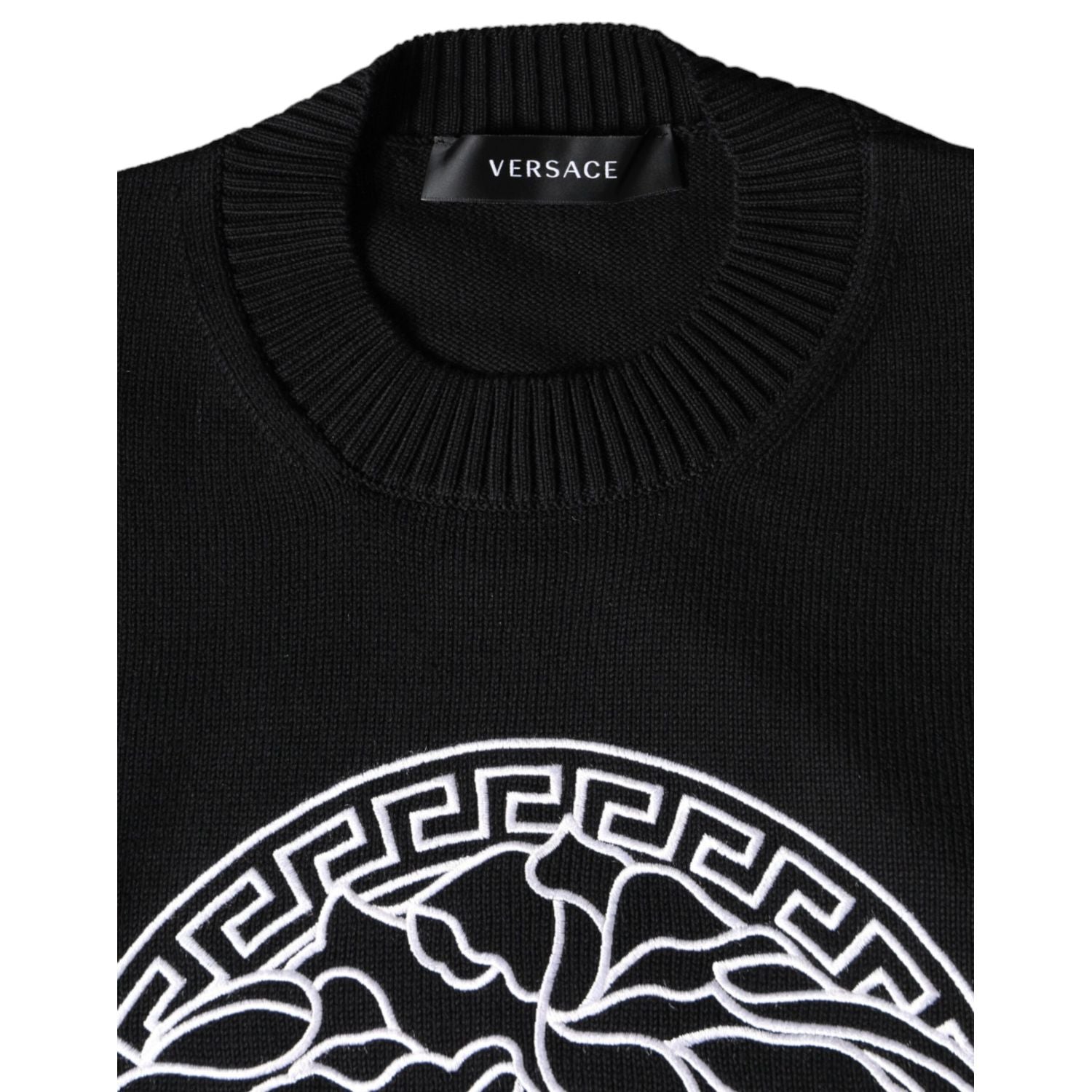 Versace Black Medusa Embroidery Crew Neck Pullover Sweater