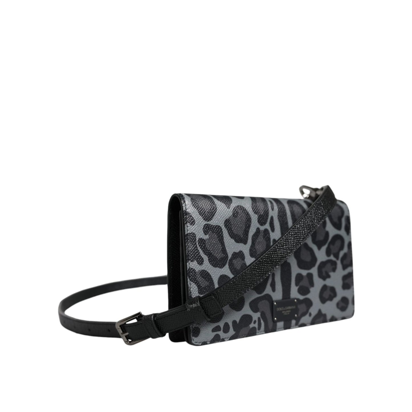 Dolce & Gabbana Black Gray Leopard Leather Bifold Card Slot Crossbody Bag