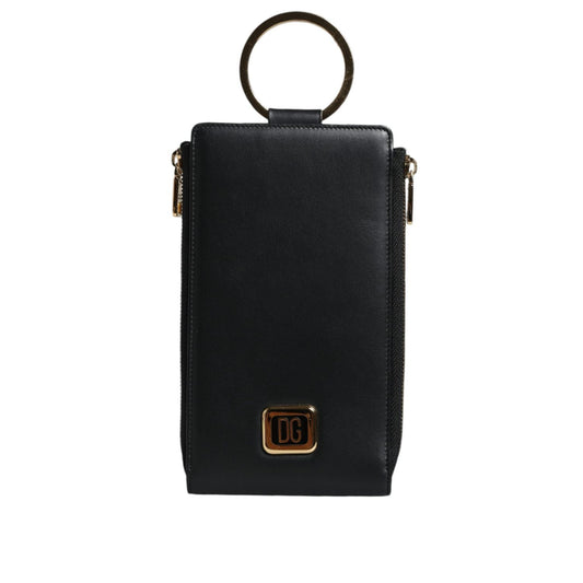 Dolce & Gabbana Black Leather Logo Plaque Neck Strap Card Coin Wallet