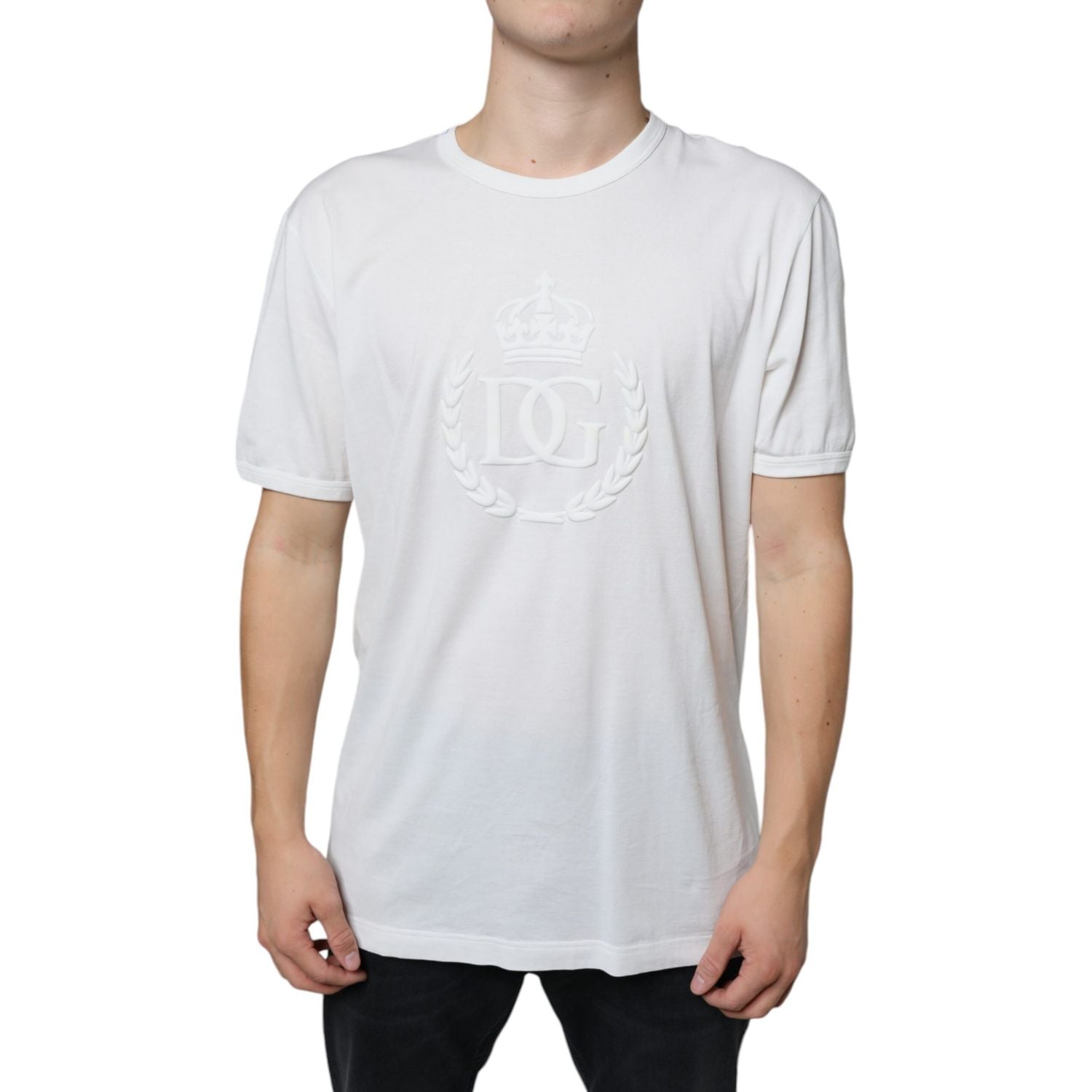 Dolce & Gabbana White Logo Embossed Cotton Crewneck T-shirt
