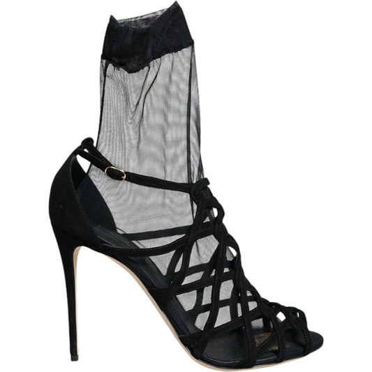 Dolce & Gabbana Black Tulle Stretch Heels Sandals Shoes LA7996-41