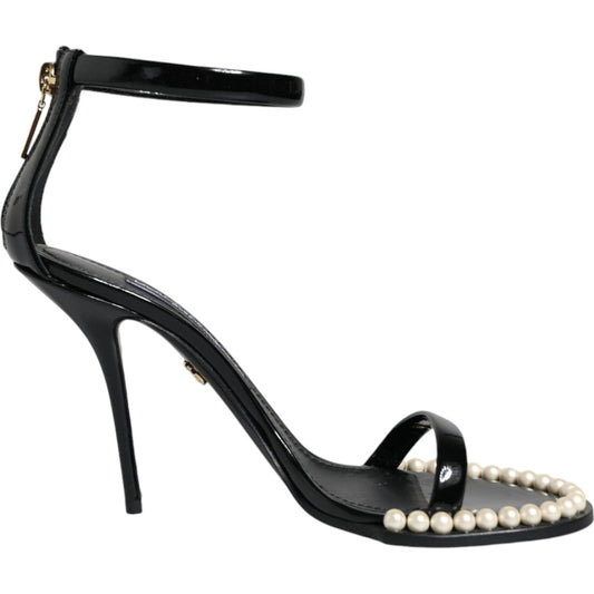 Dolce & Gabbana Black Keira Leather Faux Pearl Sandals Heels Shoes LA11782-37.5