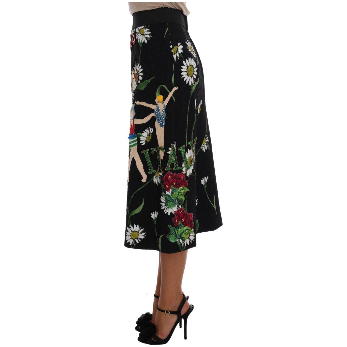 Dolce & Gabbana Black Embellished Daisy Brocade Skirt