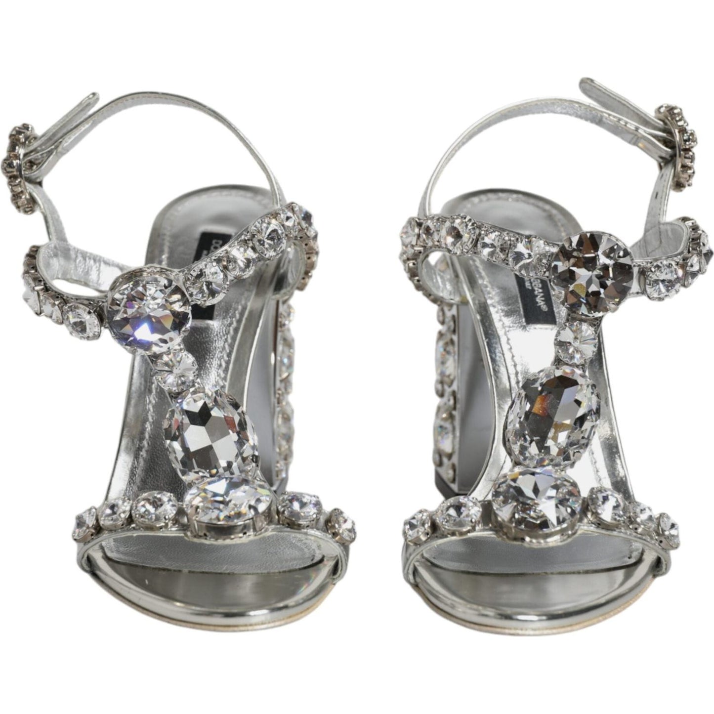 Dolce & Gabbana Silver Leather T-strap Crystal Sandals Shoes