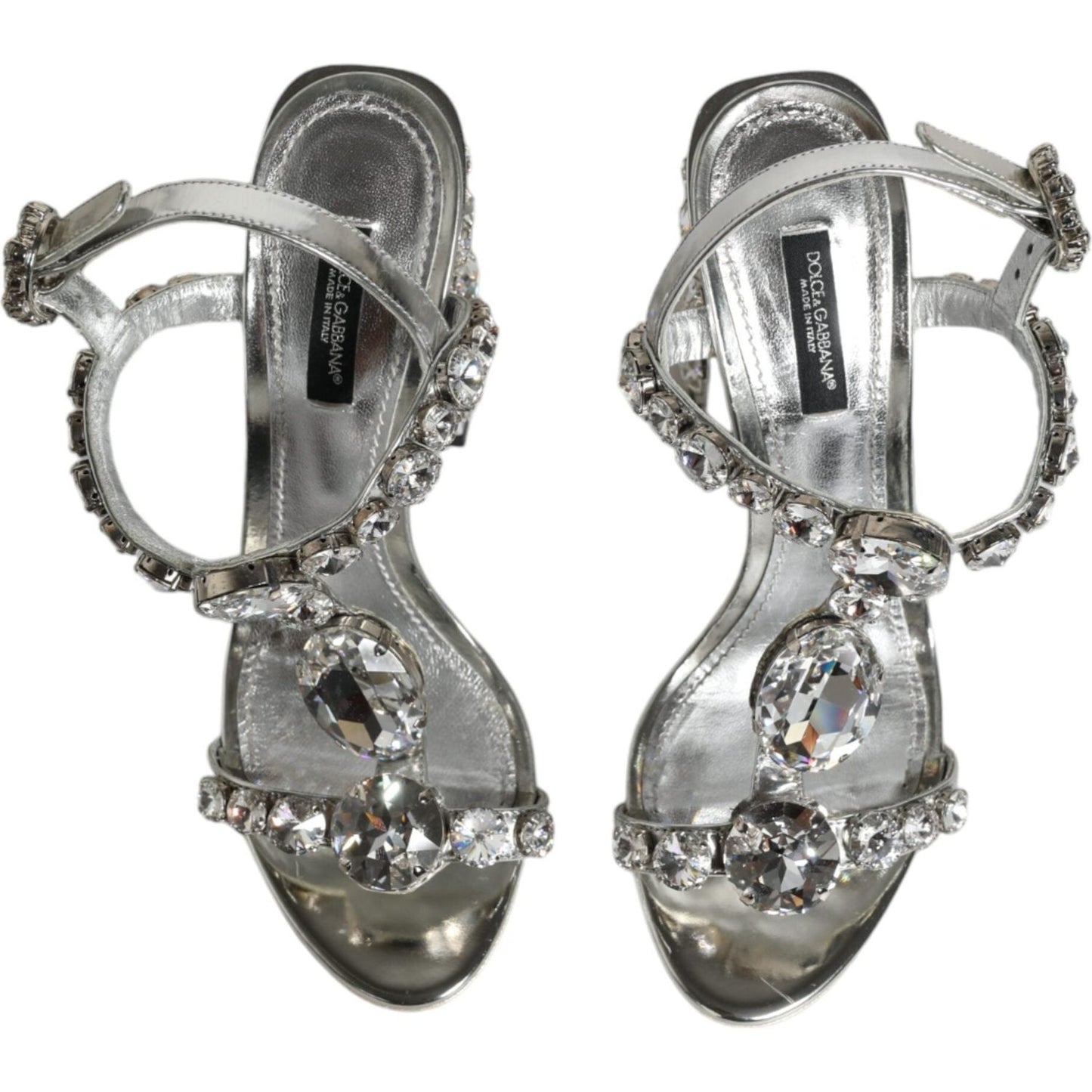 Dolce & Gabbana Silver Leather T-strap Crystal Sandals Shoes