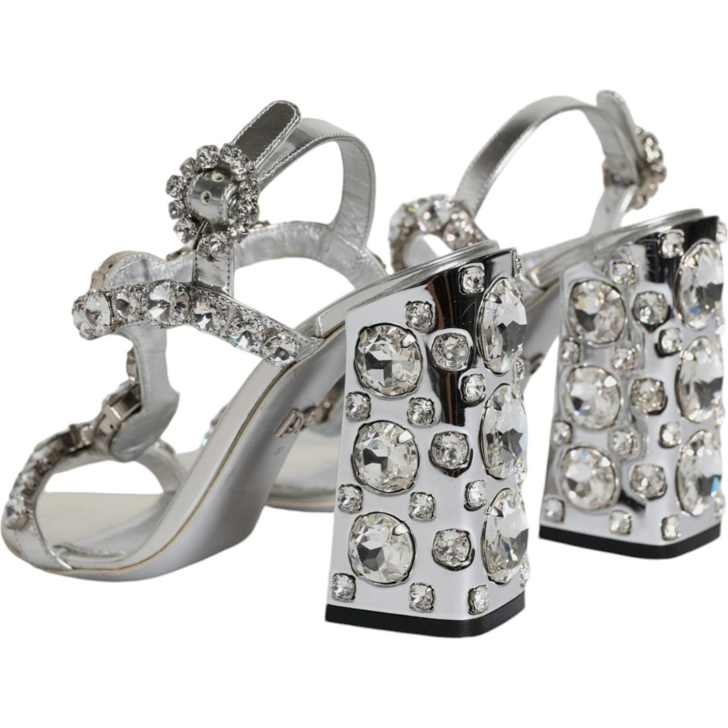 Dolce & Gabbana Silver Leather T-strap Crystal Sandals Shoes