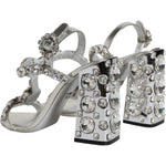 Dolce & Gabbana Silver Leather T-strap Crystal Sandals Shoes