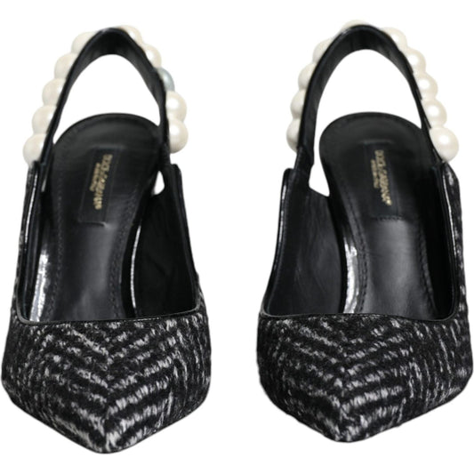 Dolce & Gabbana White Black Chevron Faux Pearl Slingback Shoes LA11760-35
