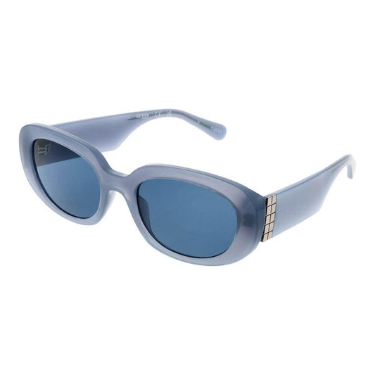Guess Blue Women’s Sunglasses, full-rim oval design, blue plastic frame, UV protection, includes branded case.