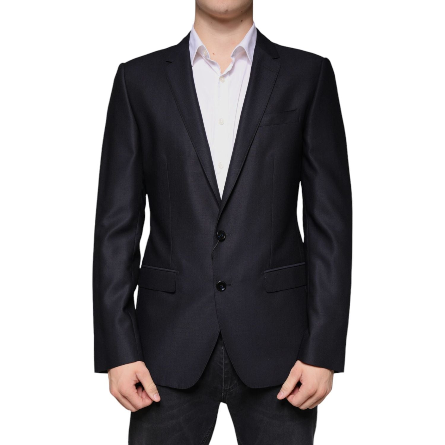 Dolce & Gabbana Dark Blue Wool Single Breasted Dress Coat Blazer