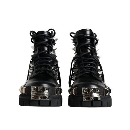 Dolce & Gabbana Black Leather Studded Trekking Boots Shoes
