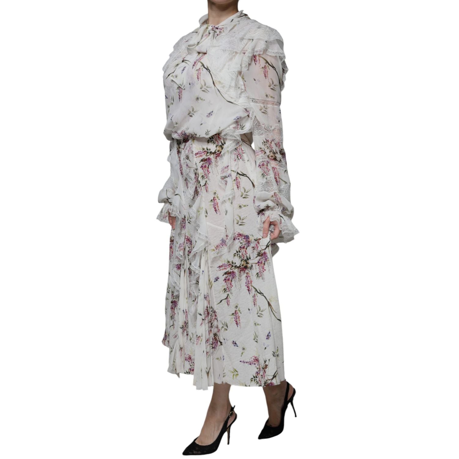 Ermanno Scervino White Floral Ruffles Lace Long Sleeves Maxi Dress