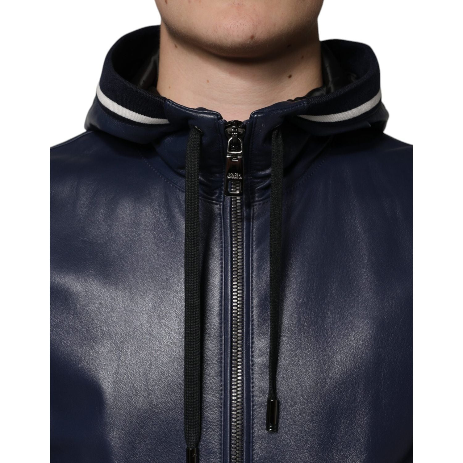 Dolce & Gabbana Blue Leather Full Zip Hooded Bomber Jacket