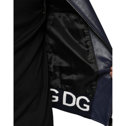 Dolce & Gabbana Blue Leather Full Zip Hooded Bomber Jacket