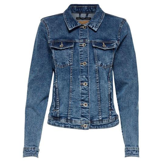 Blue denim jacket made of 98% cotton and 2% elastane, featuring classic design with modern details, perfect for everyday wear and layering.