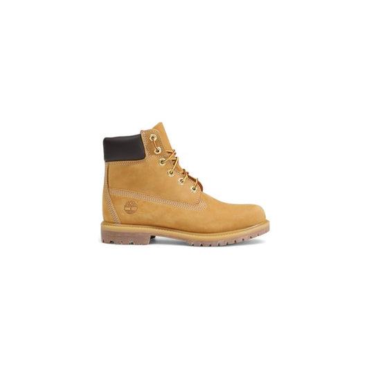 Timberland beige waterproof boot made from recycled plastic and leather, side view, eco-friendly women's footwear.
