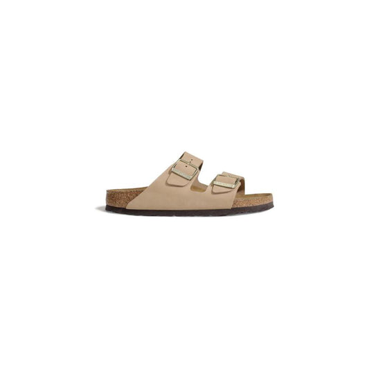 Birkenstock beige nubuck leather sandal for women, fall/winter collection, featuring two straps and a cork sole.