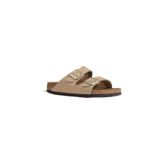 Birkenstock beige nubuck leather sandal for women, Fall/Winter collection, featuring two adjustable straps and cork sole.