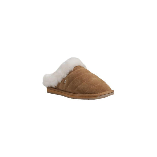 EMU Australia brown suede leather sandal for women, fall/winter collection, featuring 100% suede leather and white fur lining.