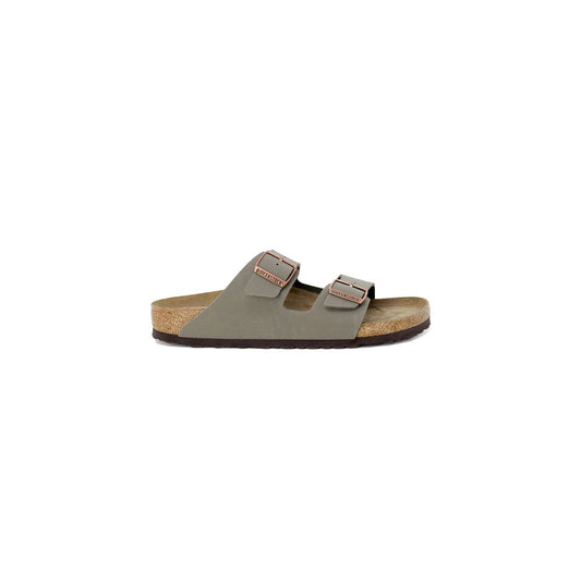 Birkenstock women's gray leather sandal from the spring/summer collection, featuring two adjustable straps and a cork sole.