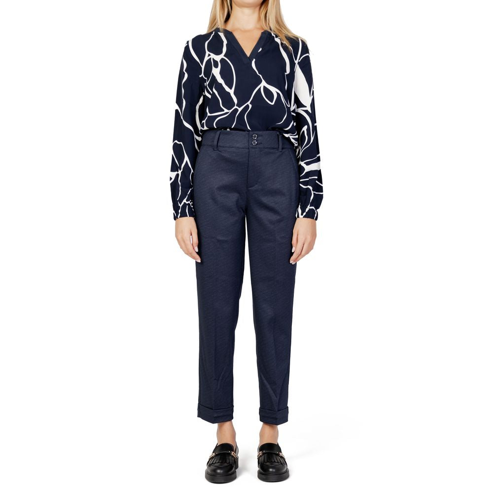 Street One Blue Viscose Pant with high waist and tapered fit for casual elegance.