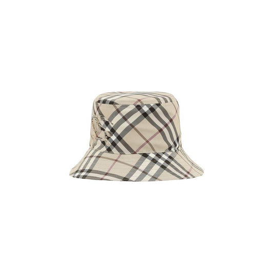 Burberry Bucket Hat with iconic Check Archive print and embroidered Equestrian Knight logo on front.