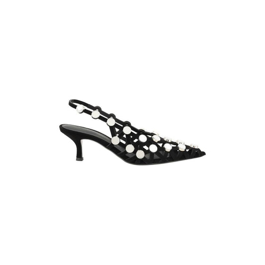 The Attico leather grid pumps with elasticized slingback, kitten heel, and suede mesh embellished with mirrored jewels.