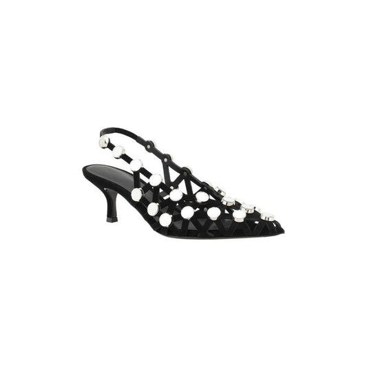 The Attico Grid Pumps with mirrored jewels, suede mesh, geometric toe, elasticized slingback, and kitten heel. Leather design luxury footwear.